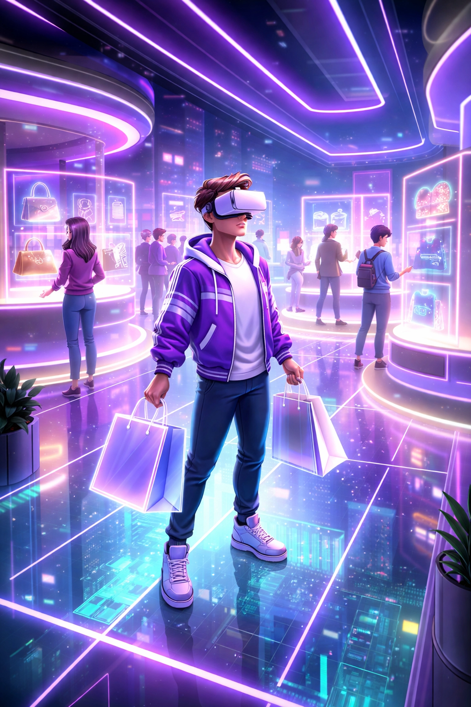 Virtual reality shopping scene in the metaverse with avatars exploring futuristic retail spaces