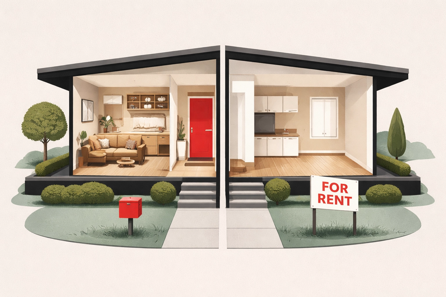 Illustration of a modern duplex with a cozy apartment and rental unit, ideal for house hacking in the Twin Cities market.