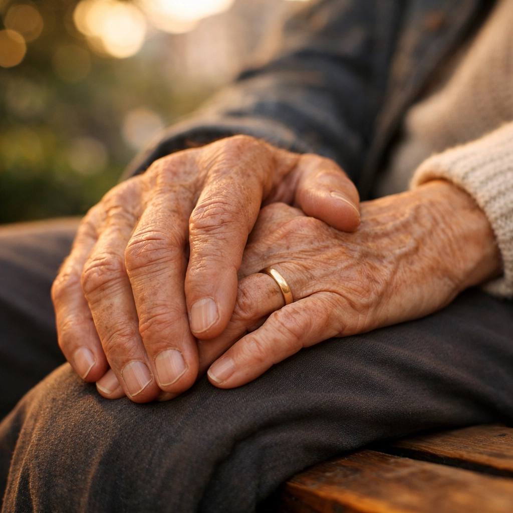 Close-up of elderly hands on a bench, a creative street photography idea focusing on human detail.
