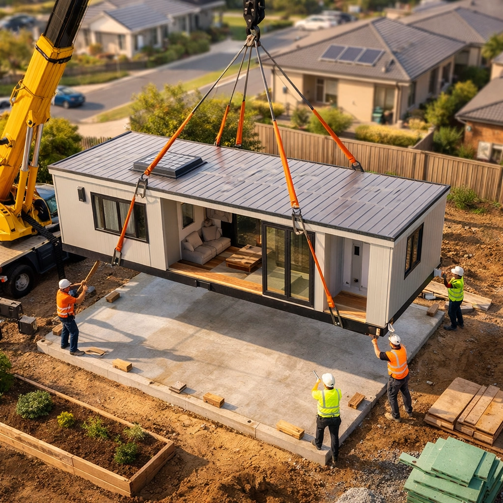 Modular home installation with crane placing section on Australian building site