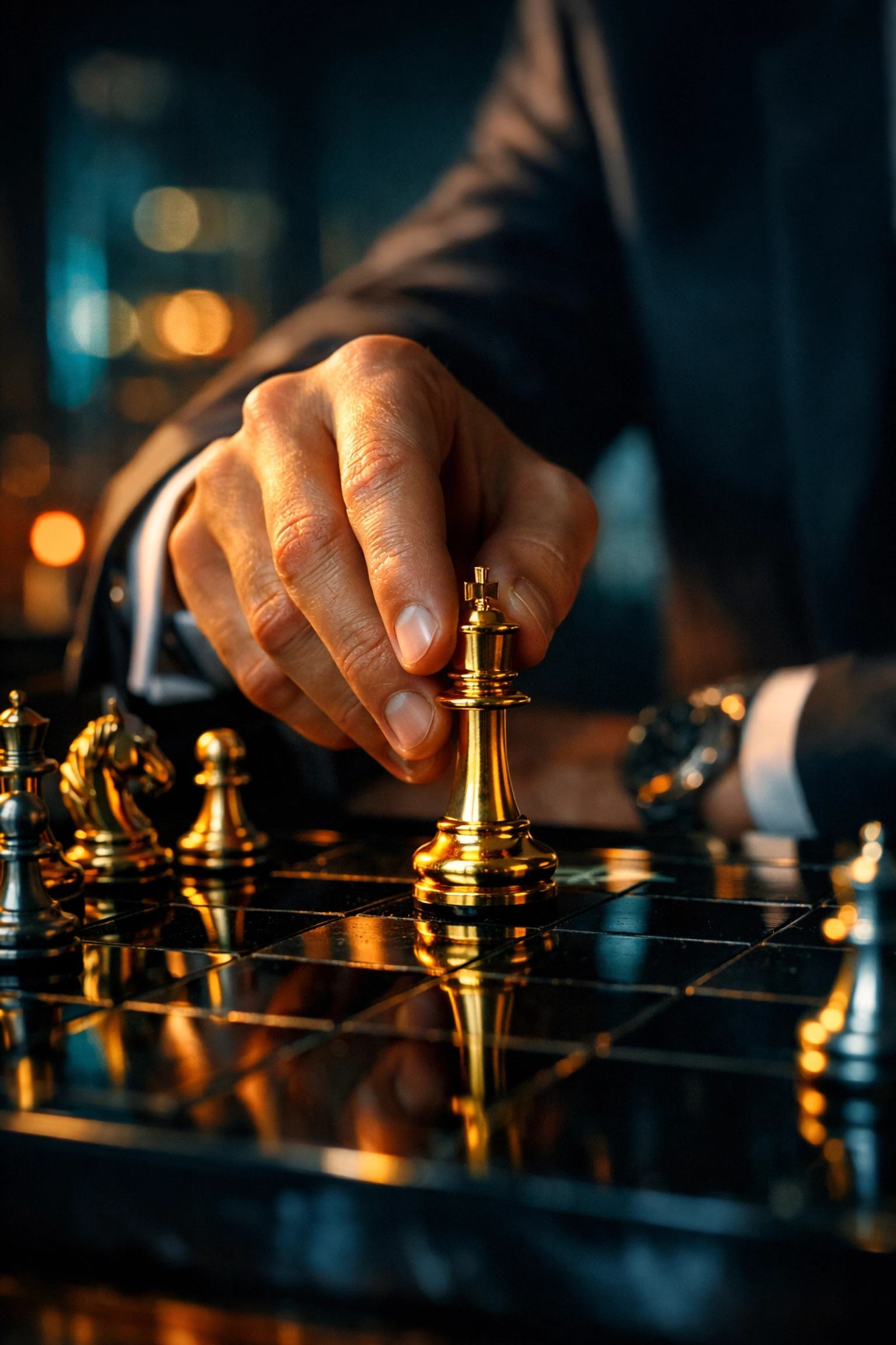 A professional hand moving a gold chess piece symbolizing strategic family law firm marketing ROI.