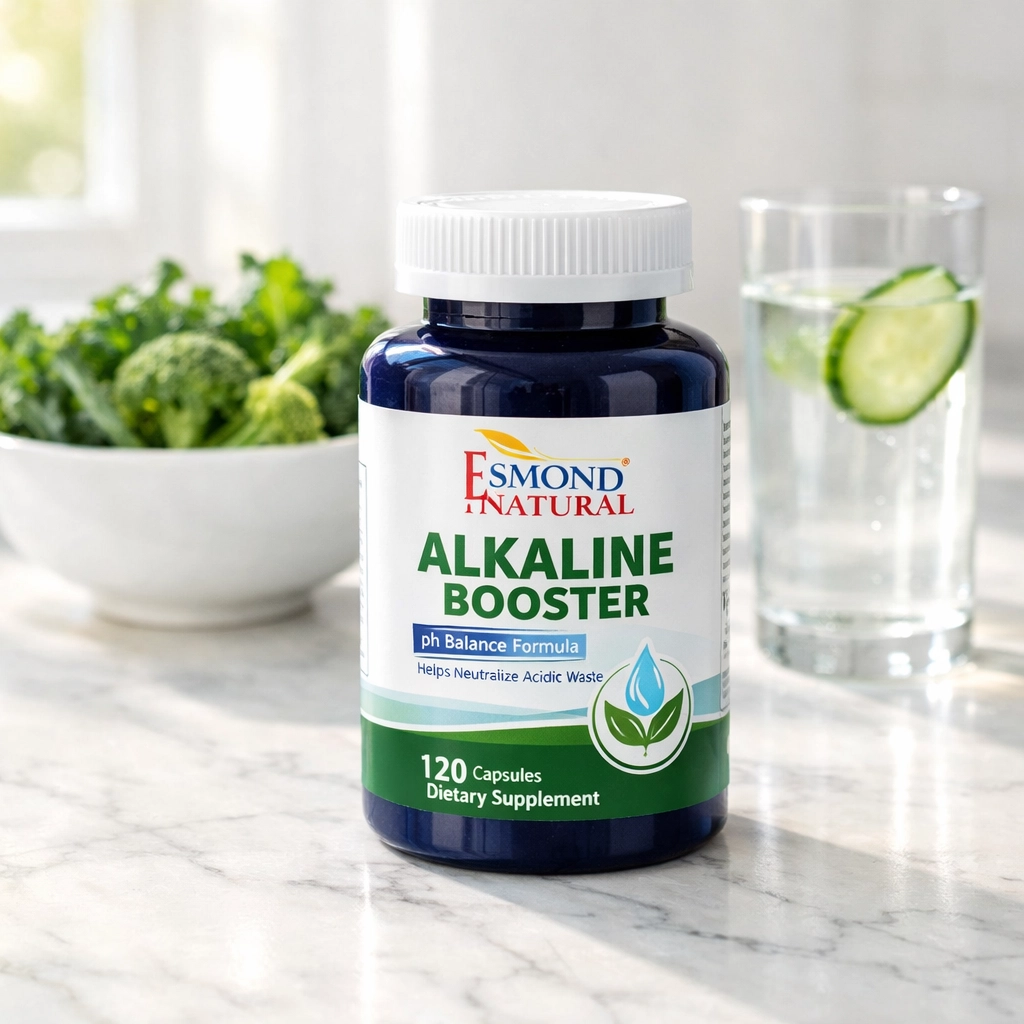 Esmond Natural alkaline booster tablets on a kitchen counter with fresh greens and water for pH balance.