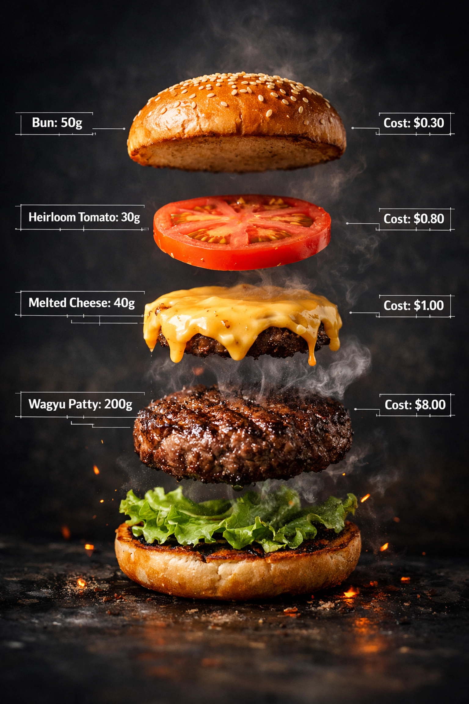 Deconstructed gourmet burger illustrating recipe costing and menu engineering for restaurant profitability.