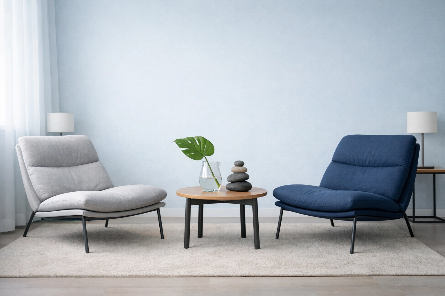 Modern office of a mind-body therapist featuring balanced stones for holistic mental health regulation.