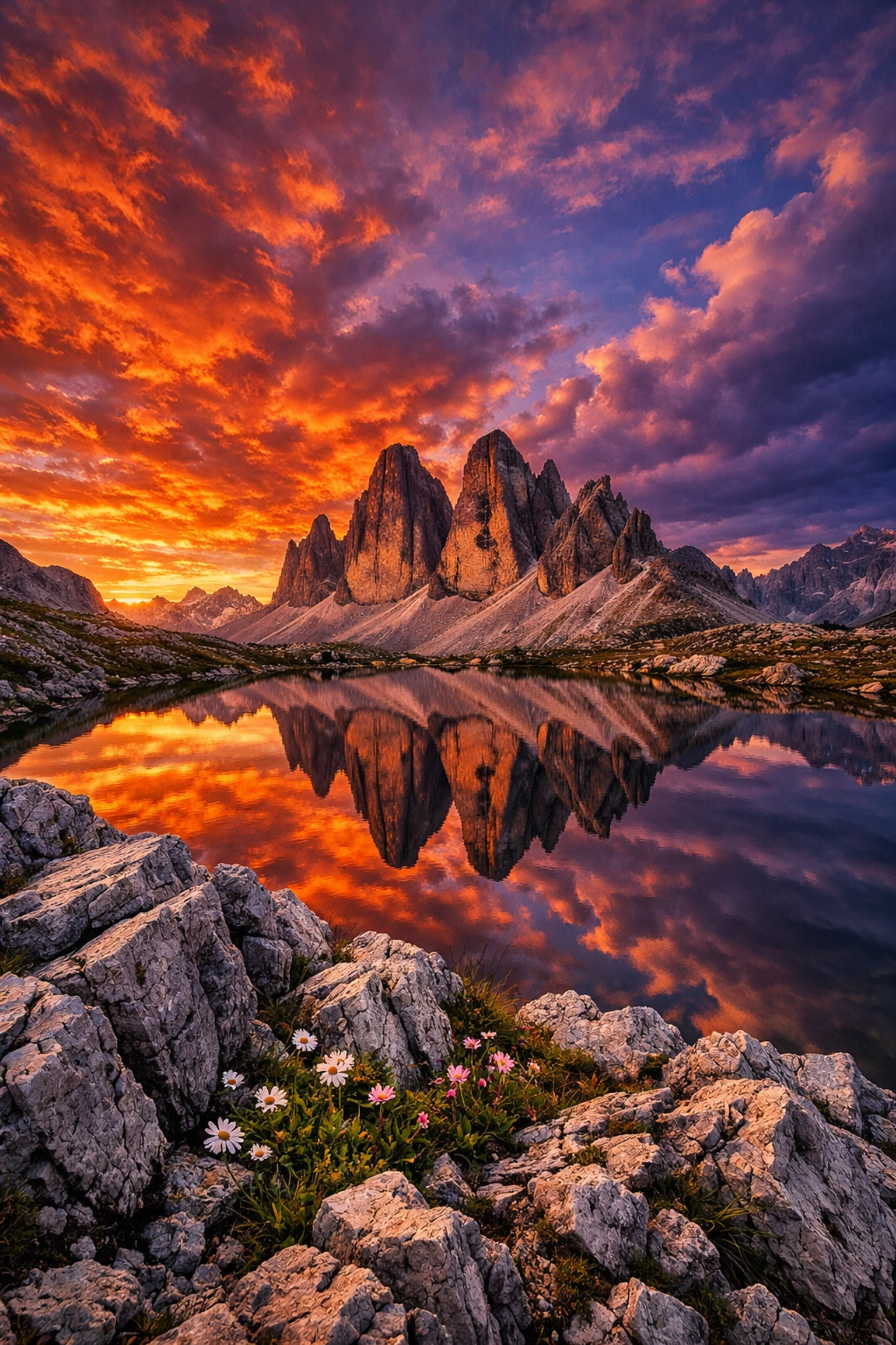 Dolomites sunset landscape with alpine lake, showing fast AI photo editing like Luminar Neo Sky AI