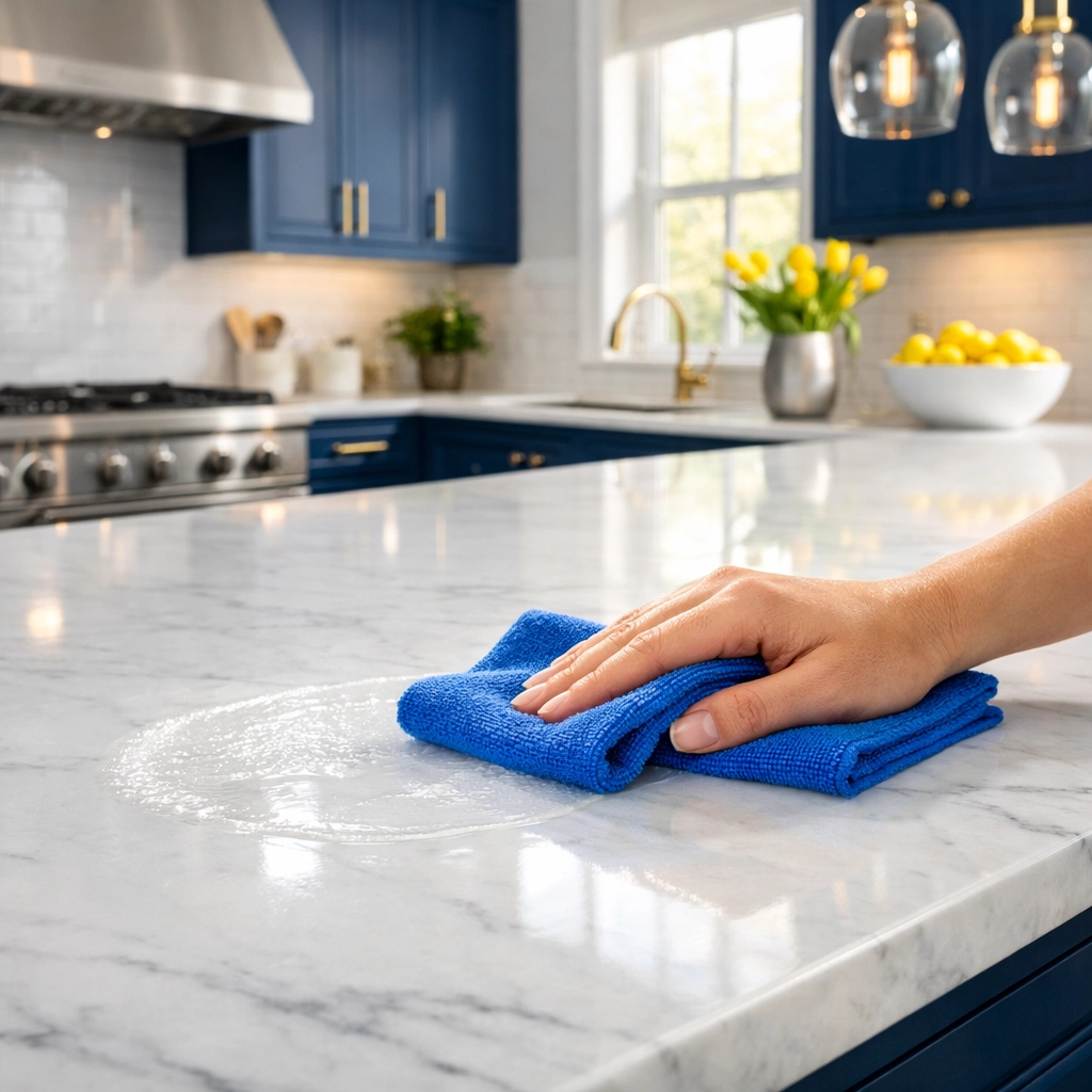 A clean microfiber cloth wiping a marble island during a professional deep cleaning Marlborough service.