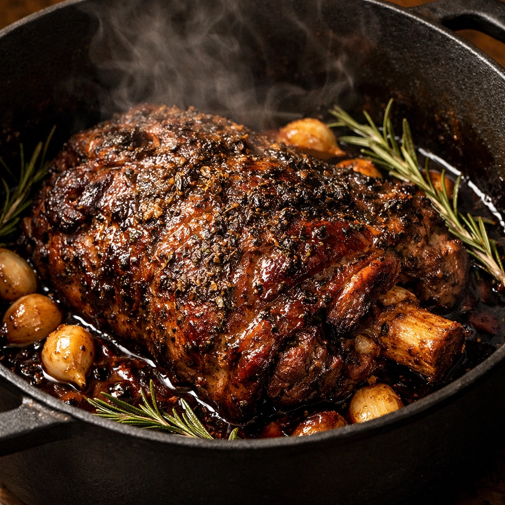 Tender herb-crusted braised lamb served in a cast iron Dutch oven for a family holiday meal.