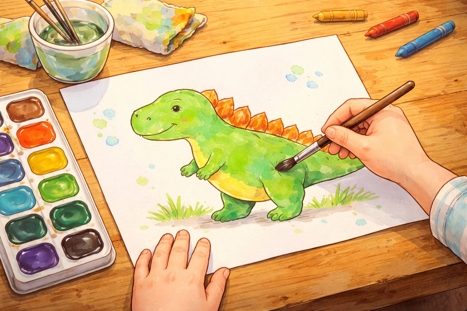 Child coloring a traced dinosaur shadow outline on paper with watercolors during indoor art activity