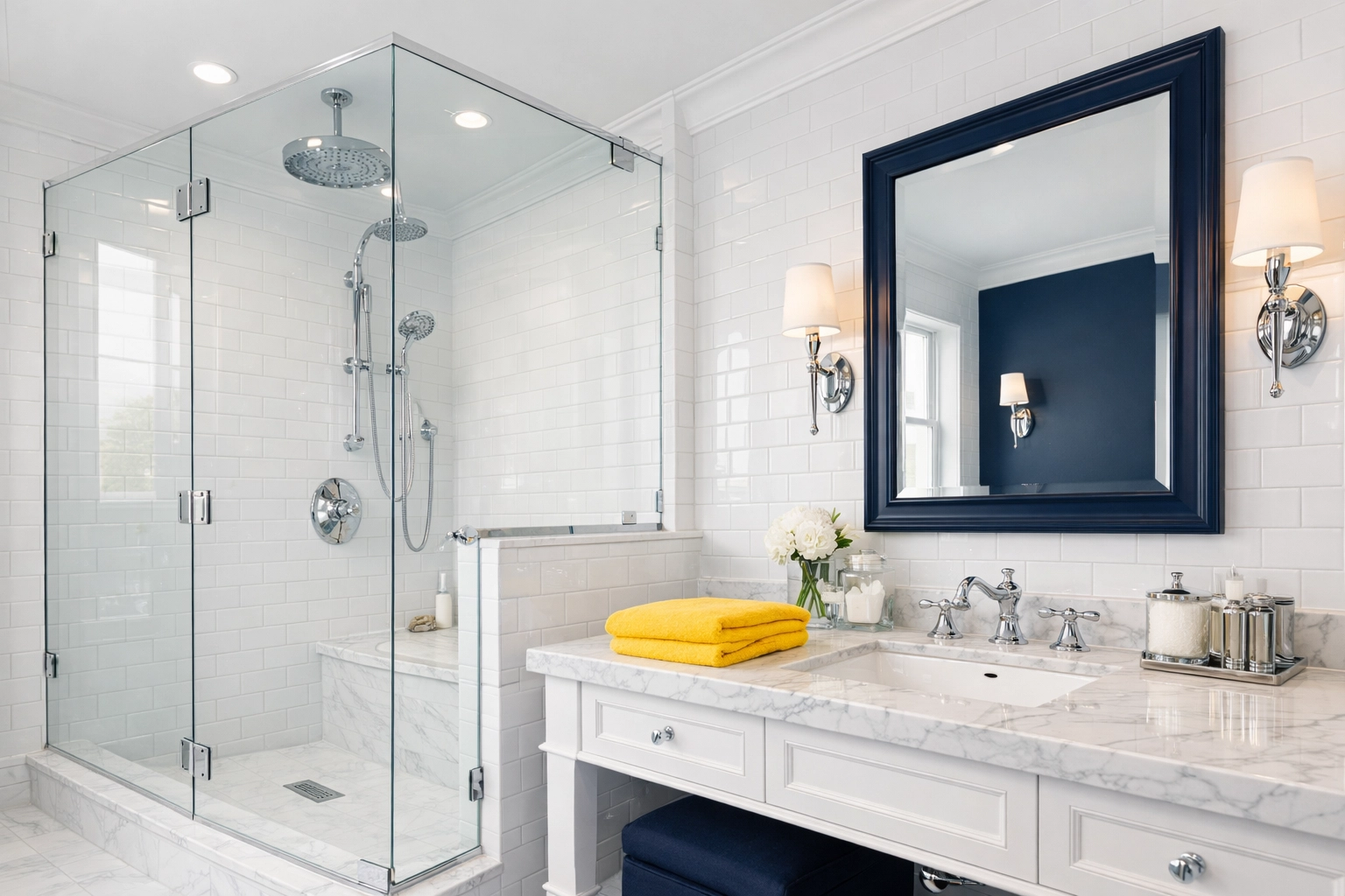 Sparkling bathroom with white tiles after a professional move-out cleaning Worcester service.