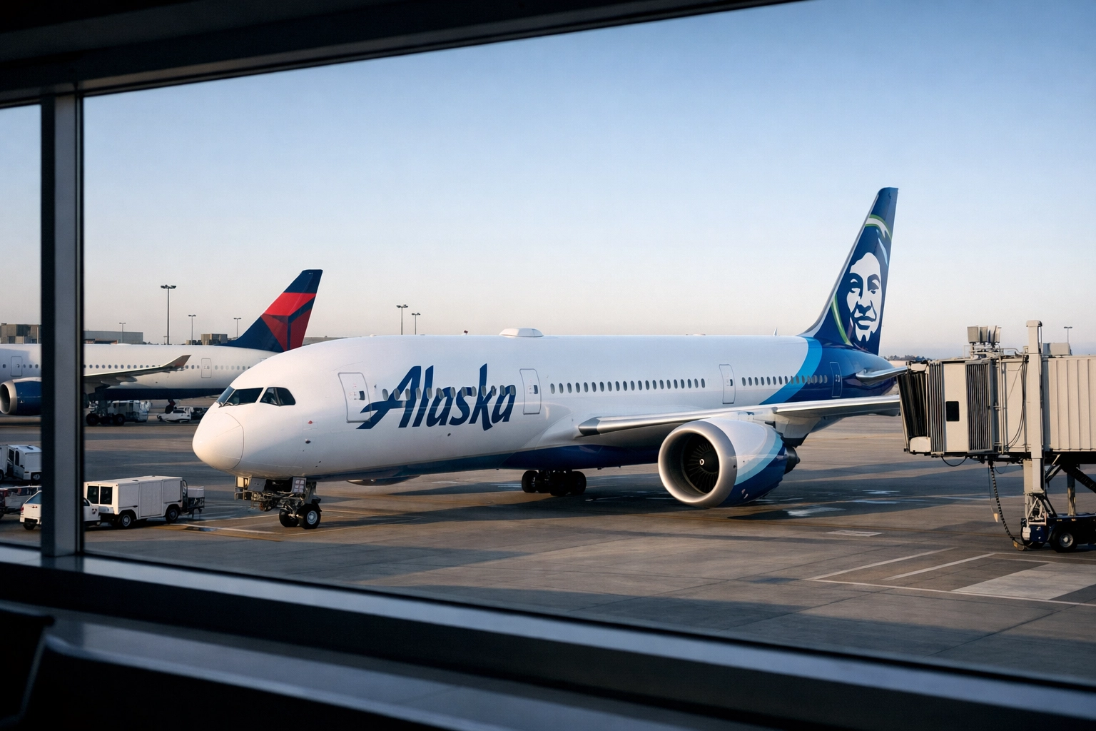 An Alaska Airlines 787-9 in global livery parked at a Seattle gate next to a Delta aircraft.