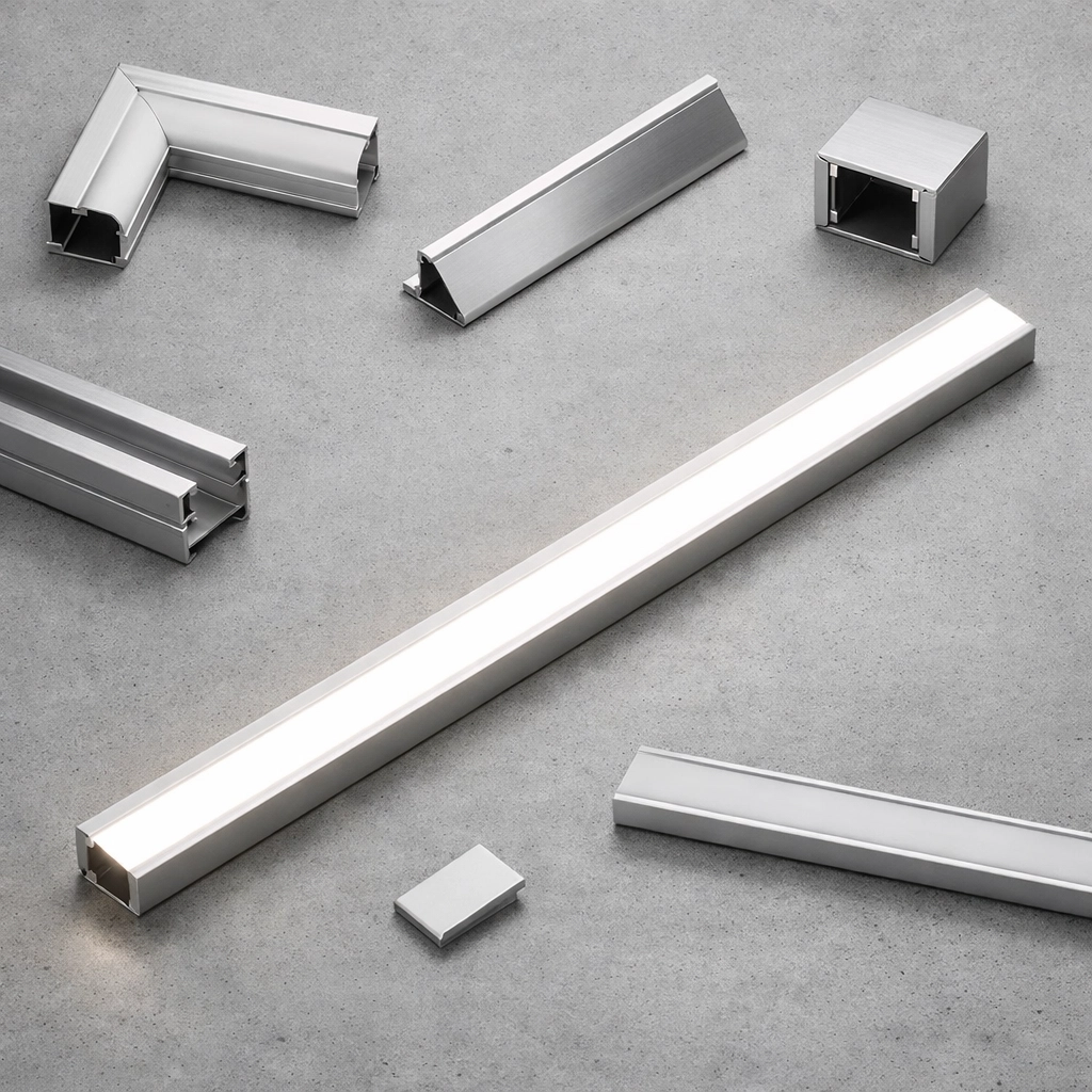 Divers profilés en aluminium pour rubans LED assurant une finition architecturale.