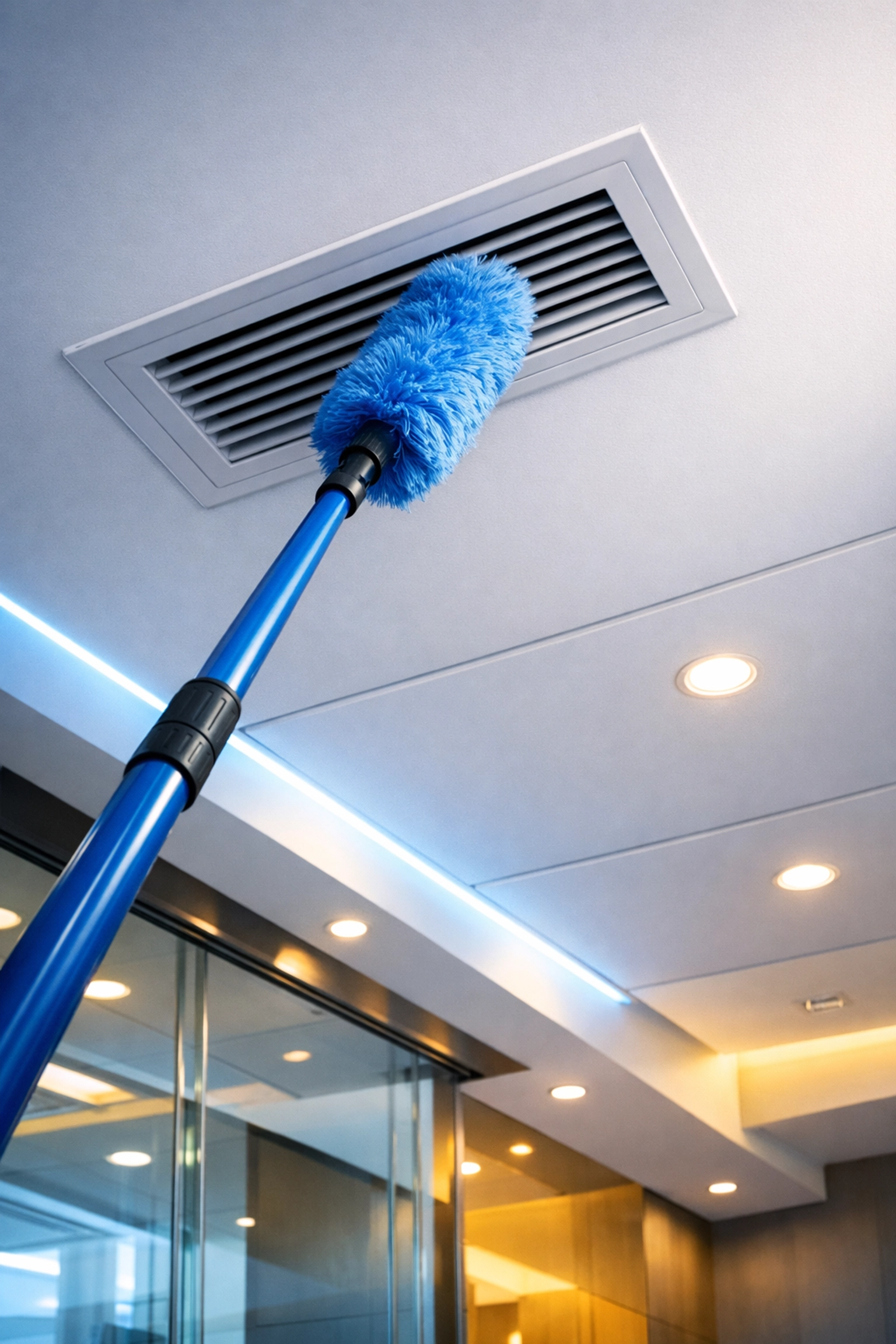 Deep cleaning services in Bedford featuring a duster reaching high office air vents for better air quality.