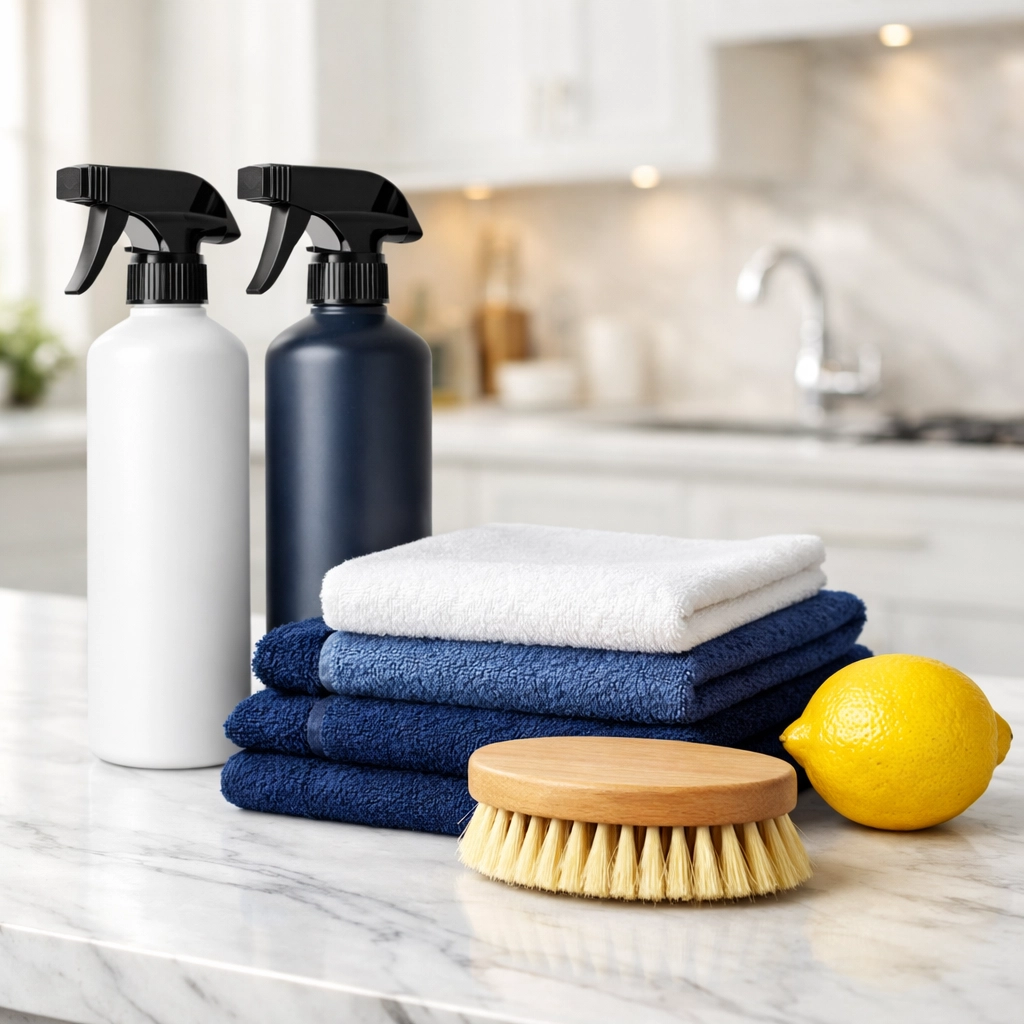 Professional pre-move cleaning kit with microfiber cloths and spray bottles on a marble kitchen counter.
