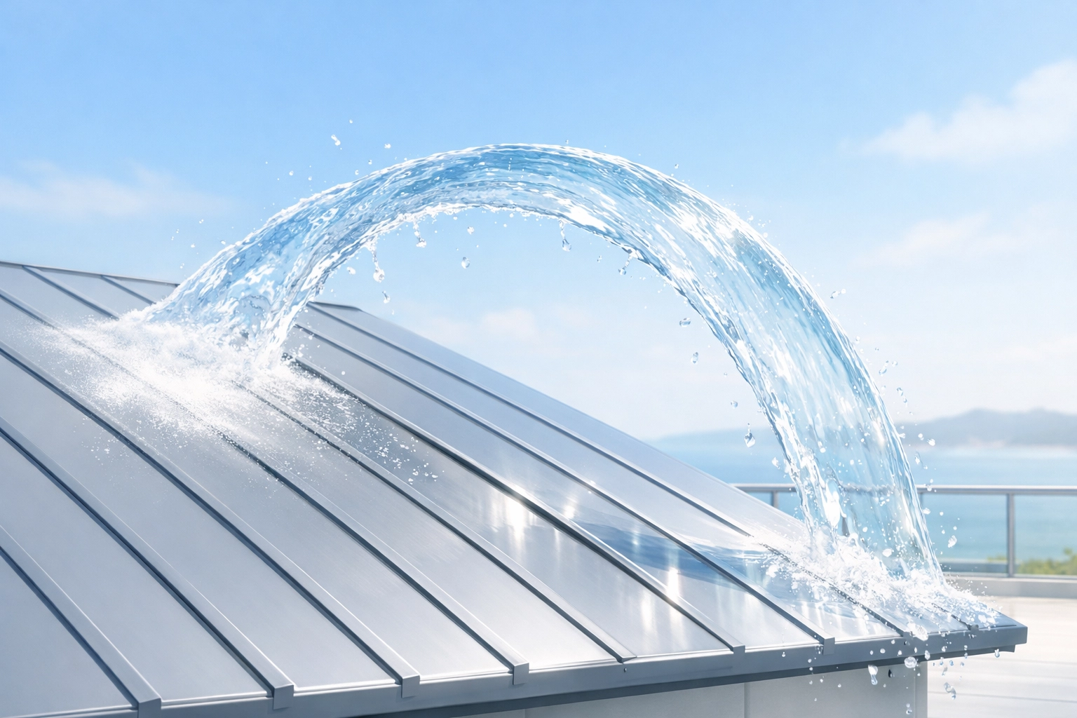 Fresh water rinsing salt deposits from a metal roof to prevent coastal corrosion.