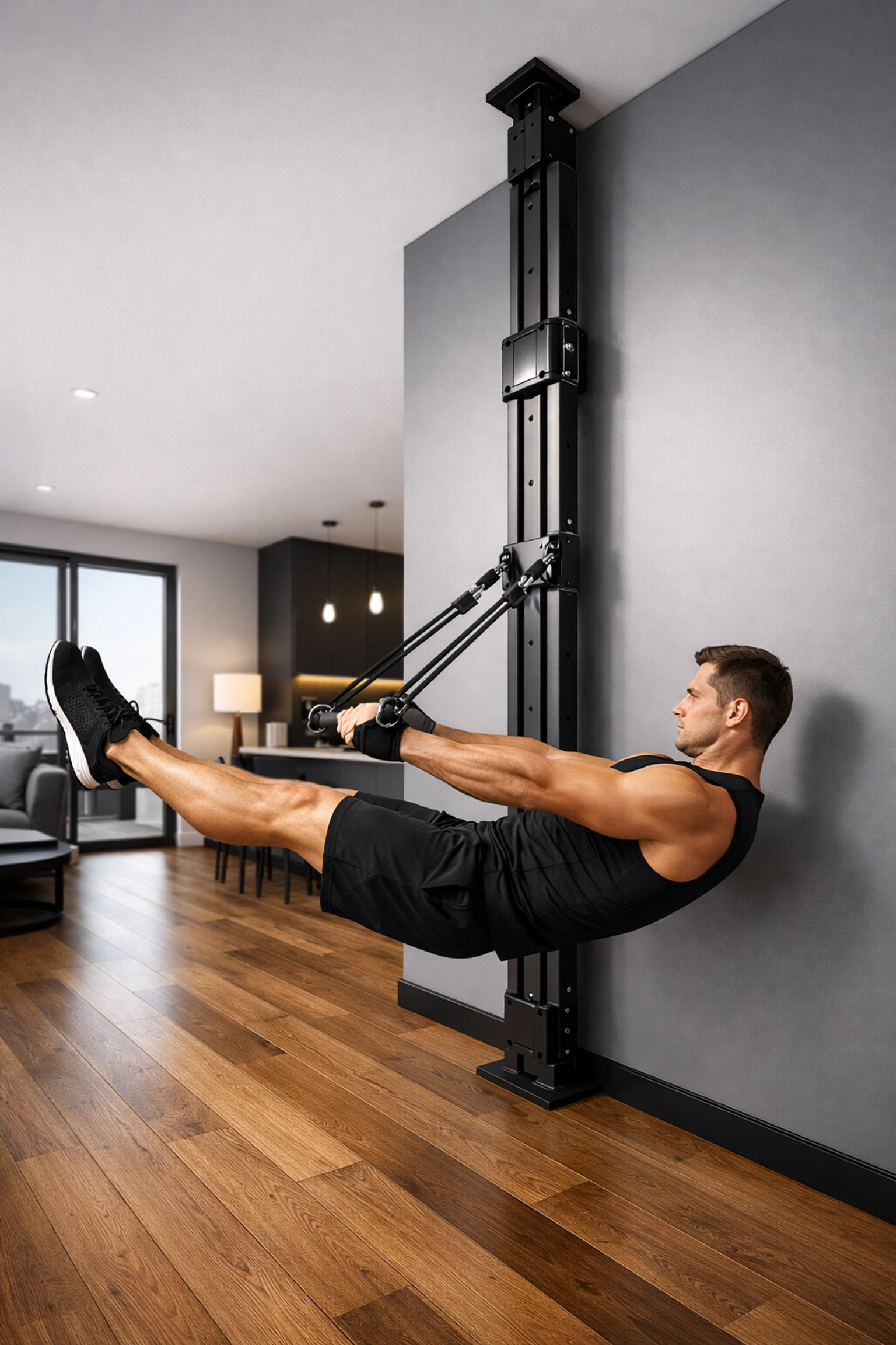 Athlete using a floor to ceiling gym resistance rail for calisthenics training at home.