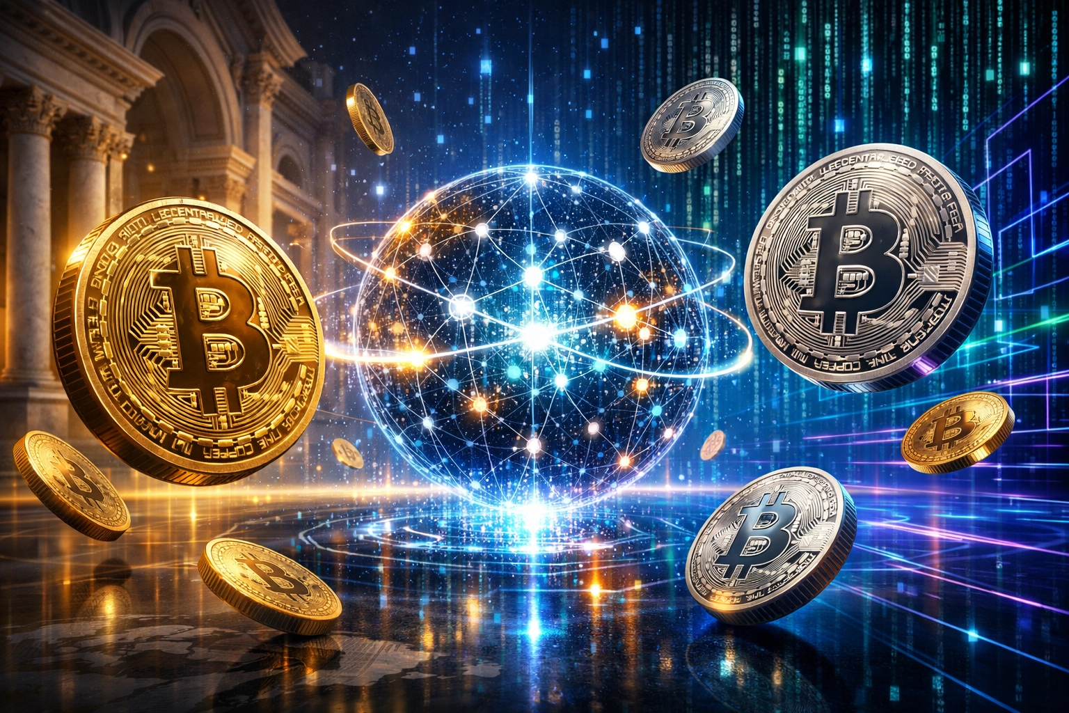 Bitcoin and blockchain network representing institutional cryptocurrency adoption