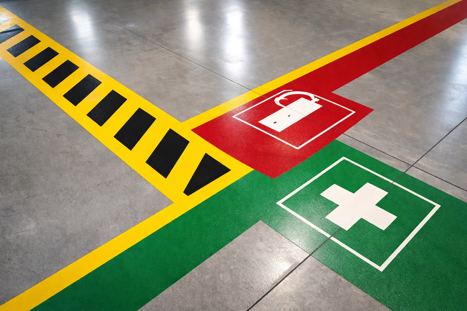 Close-up of OSHA-compliant yellow, red, and green safety markings on a polished warehouse floor in Georgia