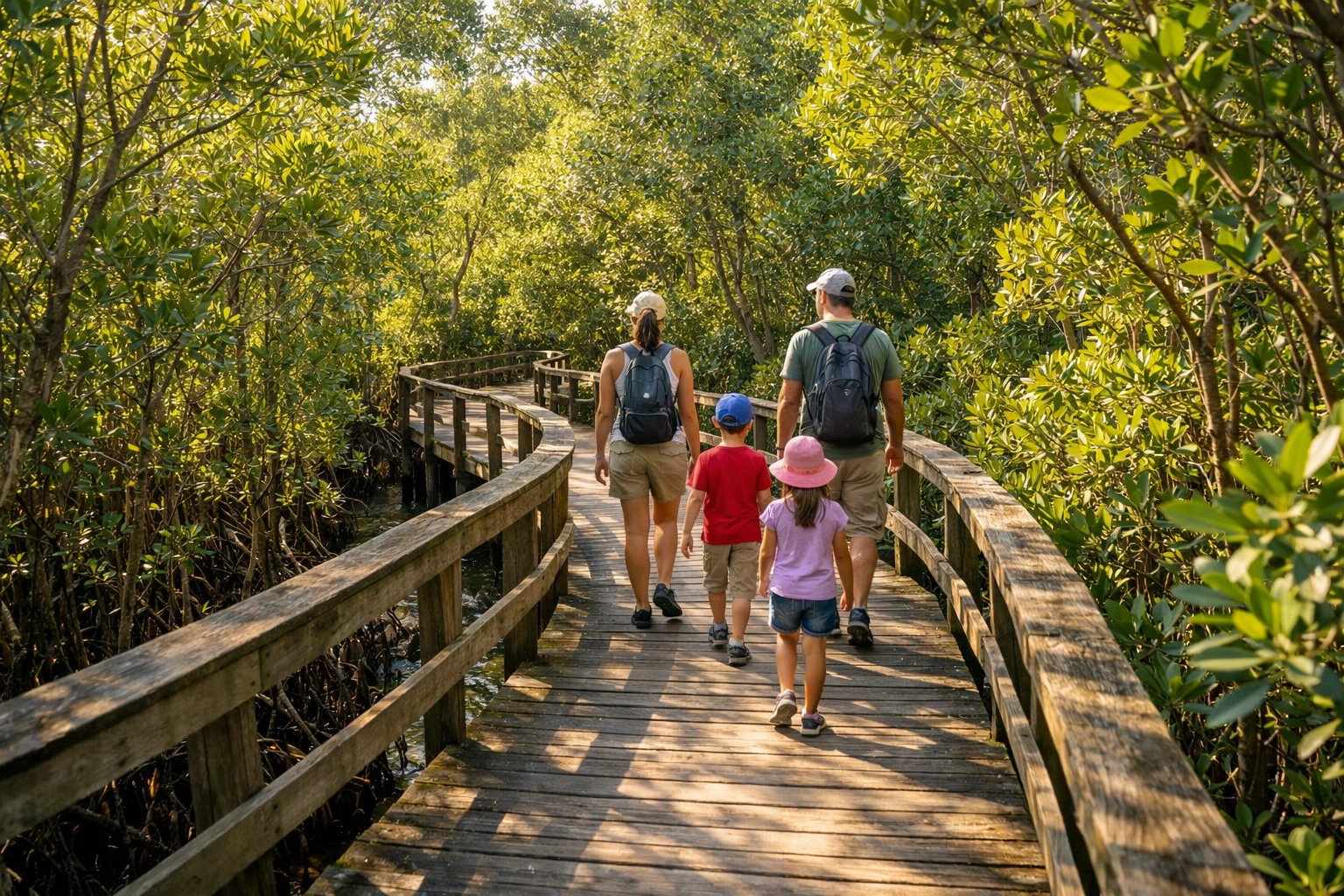 Family walking on the wooden boardwalk at Four Mile Cove Ecological Preserve in Cape Coral Florida.