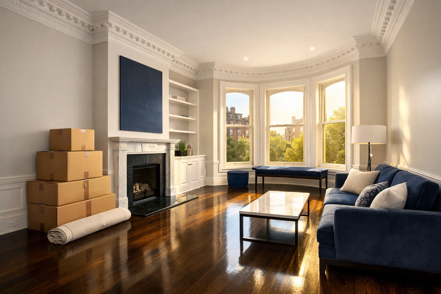 Clean Boston brownstone living room with polished hardwood floors, perfect for a stress-free move-out.