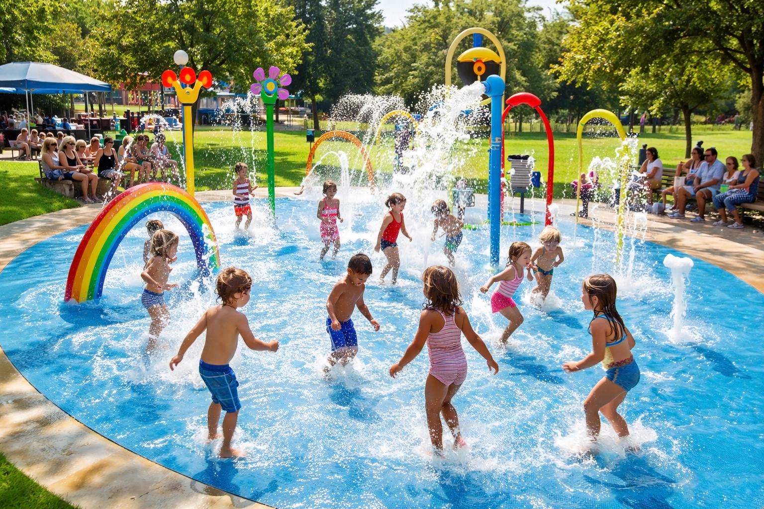 Children playing at the splash pad in Post Oak manufactured home community
