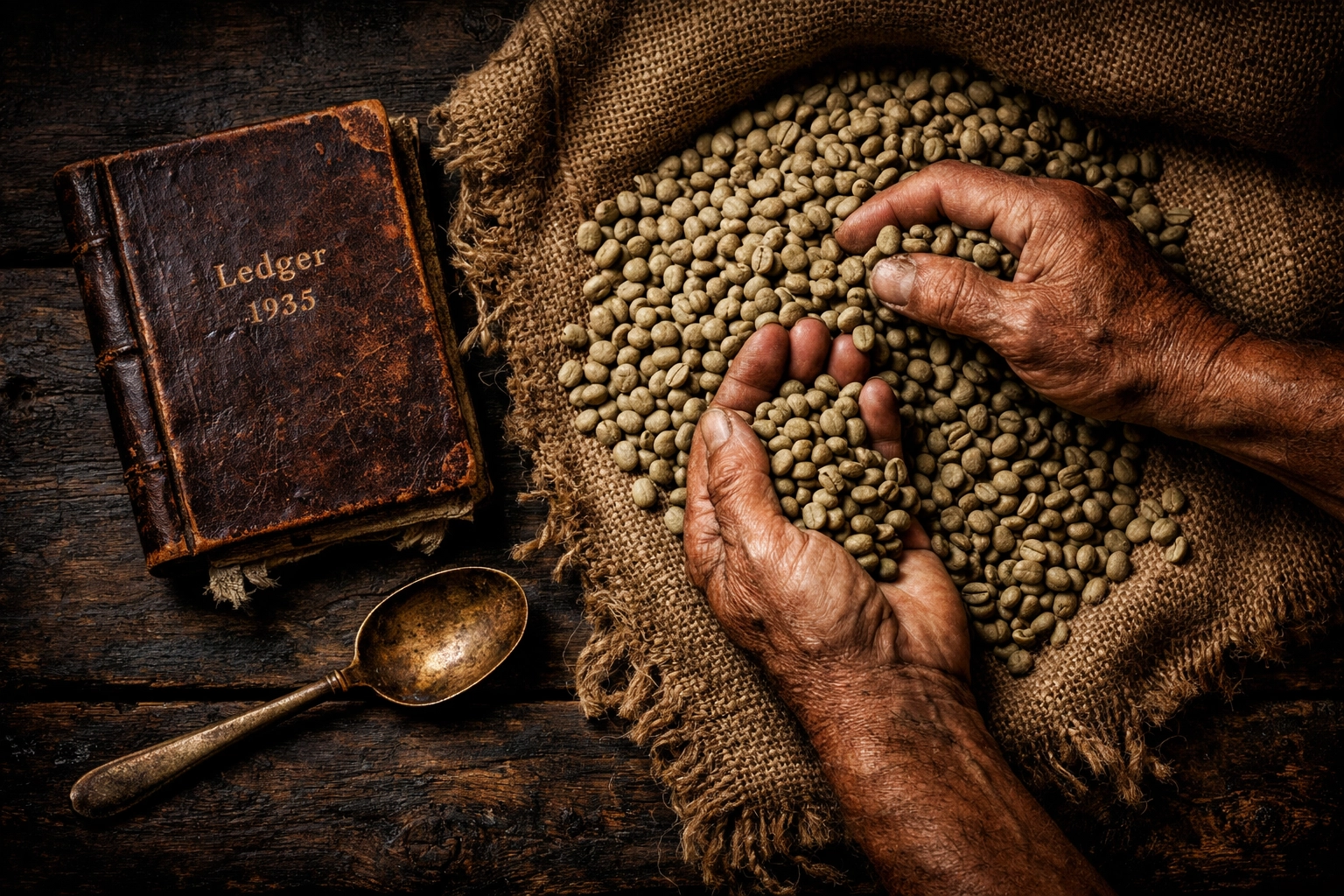 Hands sifting through high-quality green coffee beans on a rustic burlap sack.