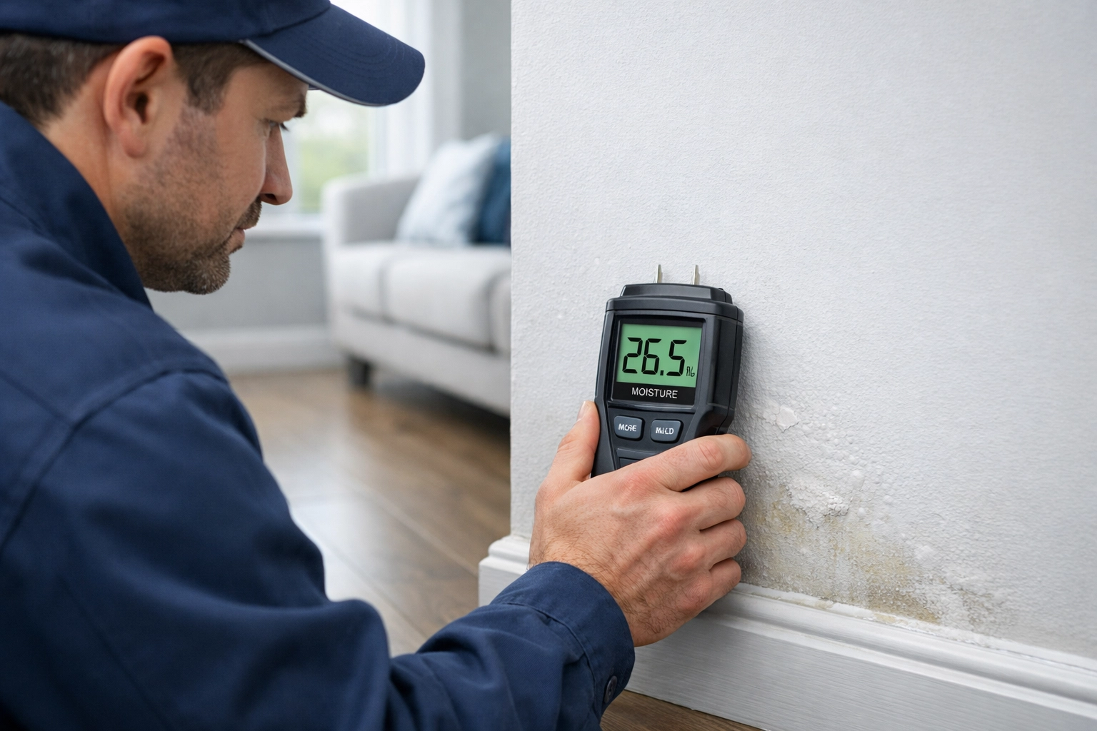 Professional moisture meter test by a Dorset electrician to detect structural damp and mould in a home.