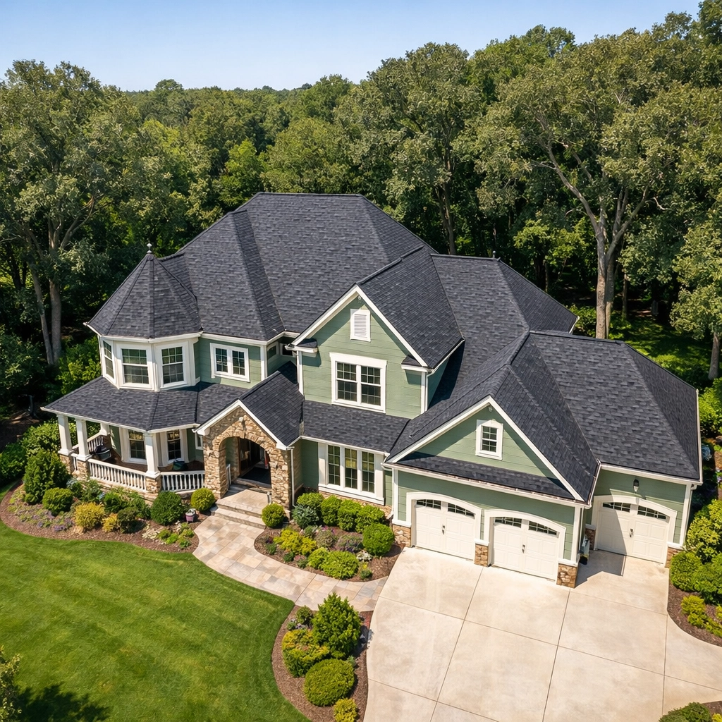 Aerial view of a Cobb County house showing high-quality residential roofing and professional exterior paint.