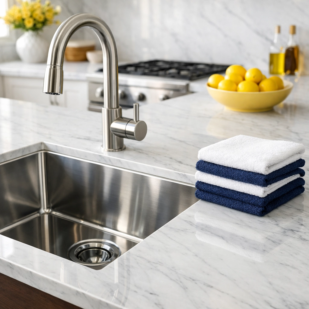 A polished stainless steel kitchen sink on a marble island with cleaning towels.