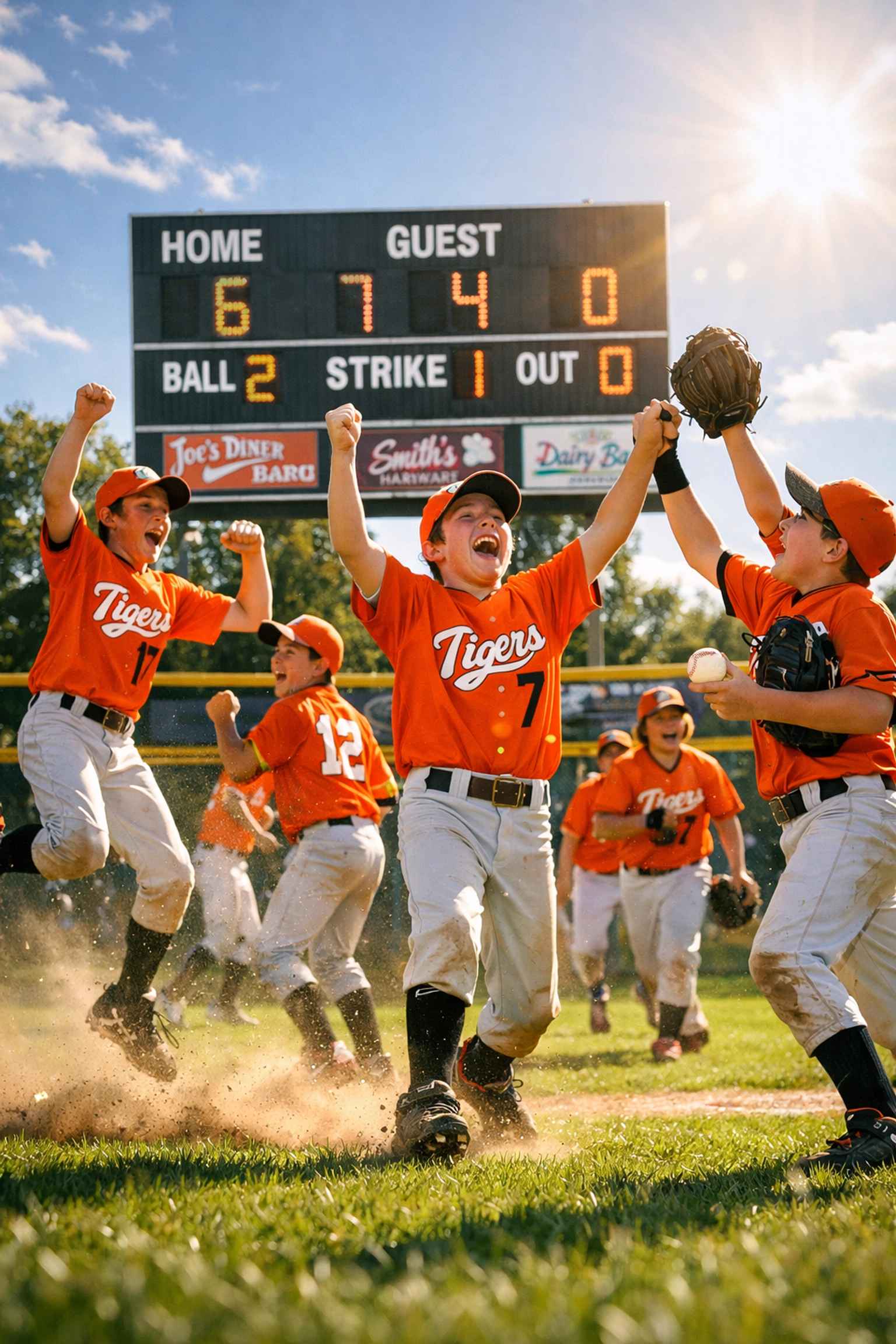 Youth baseball team near sponsorship banners, representing community engagement and local citation building.