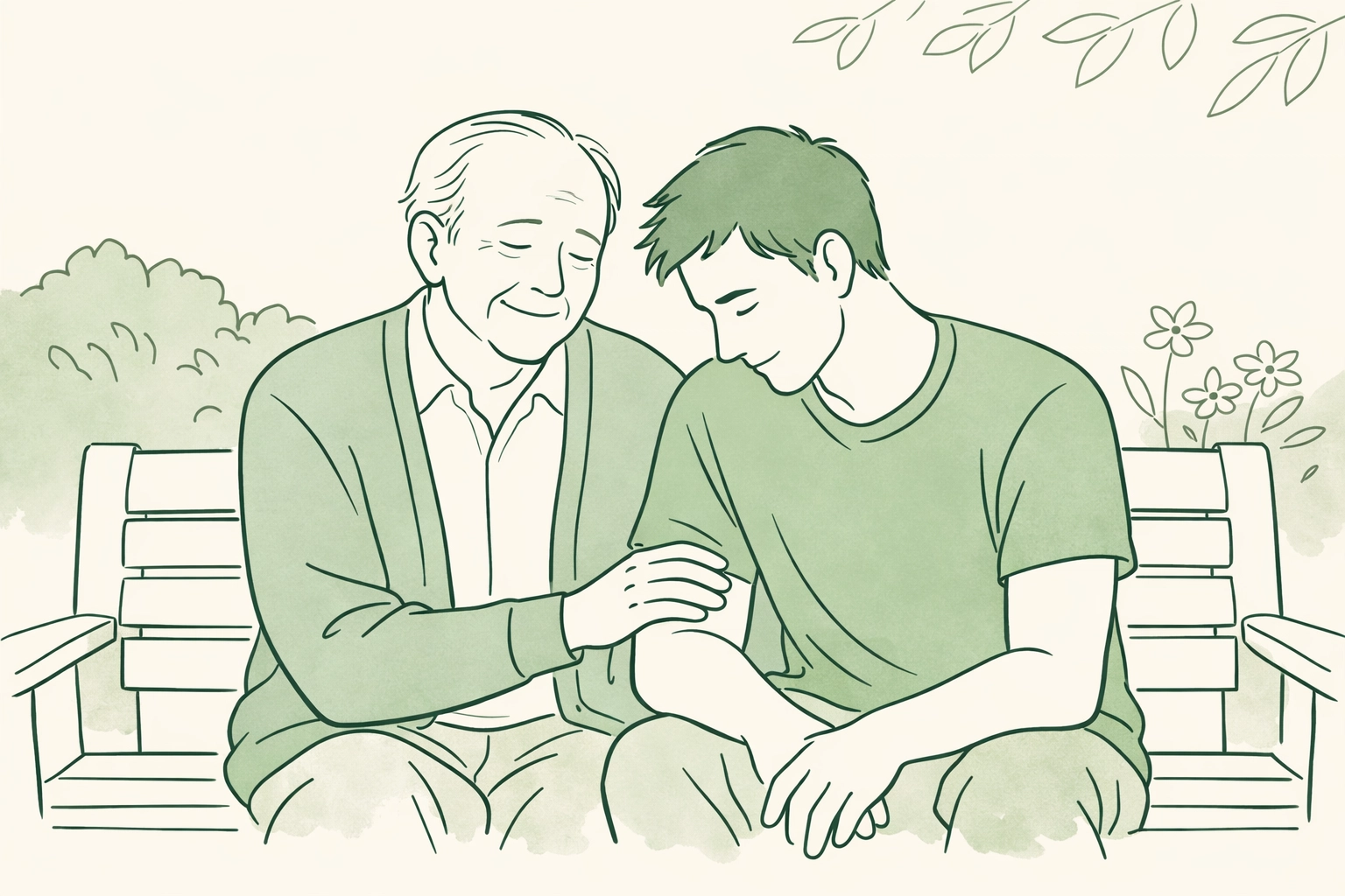 Illustration of two men on a bench, reflecting internal growth and bisexual identity in gay fiction.
