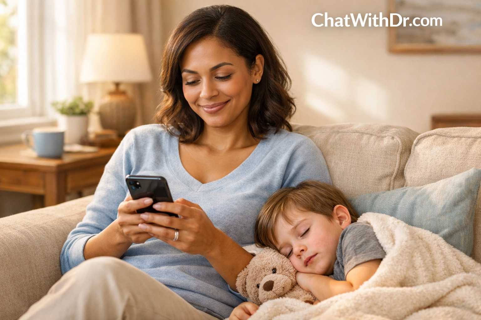 Mother chatting with online doctor on phone while caring for sick child at home