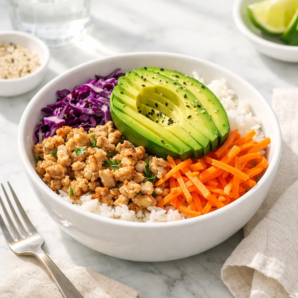 Nutritious ground chicken rice bowl with shredded cabbage, carrots, and avocado for weight loss.