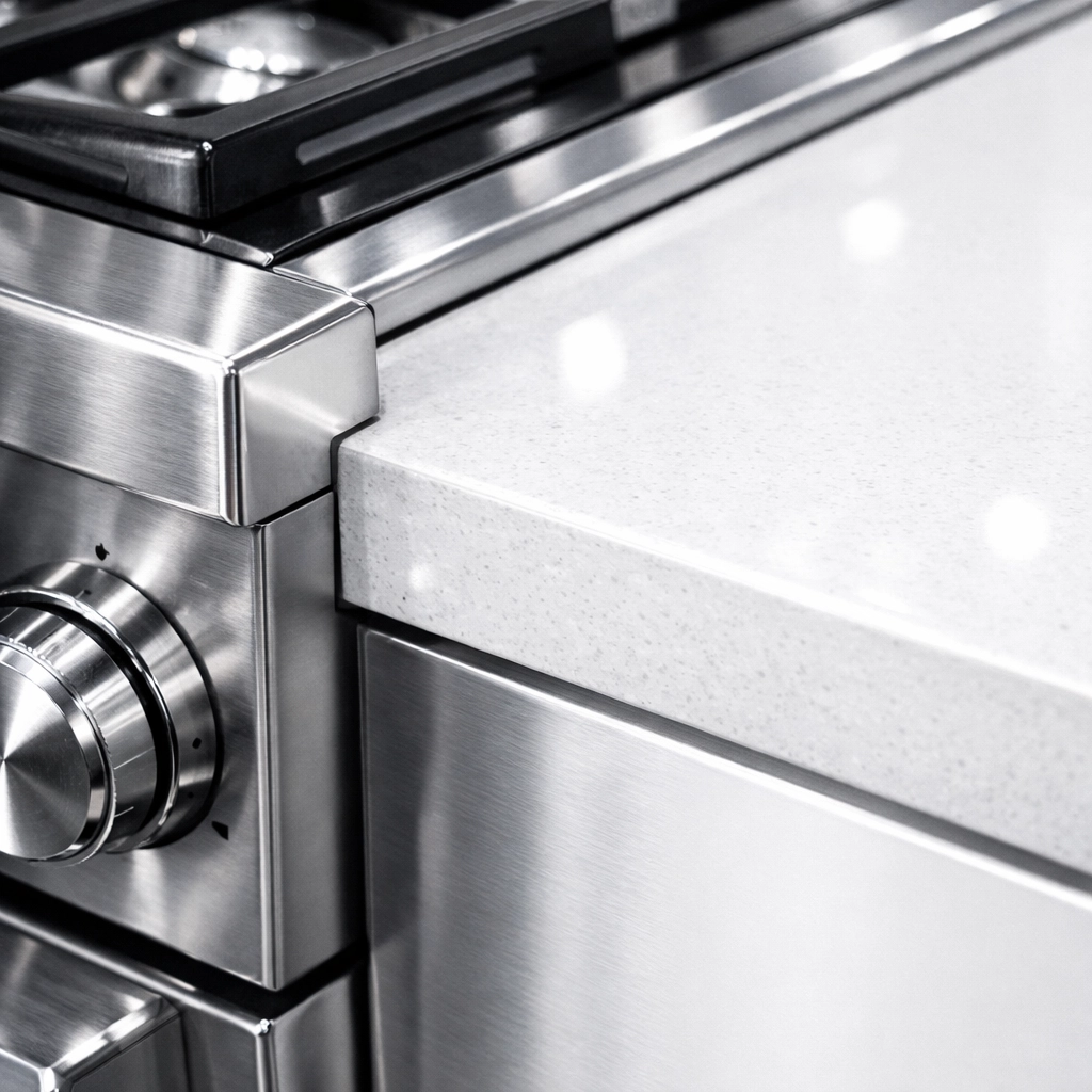 Polished stainless steel appliances and white quartz countertops in a clean, listing-ready kitchen.