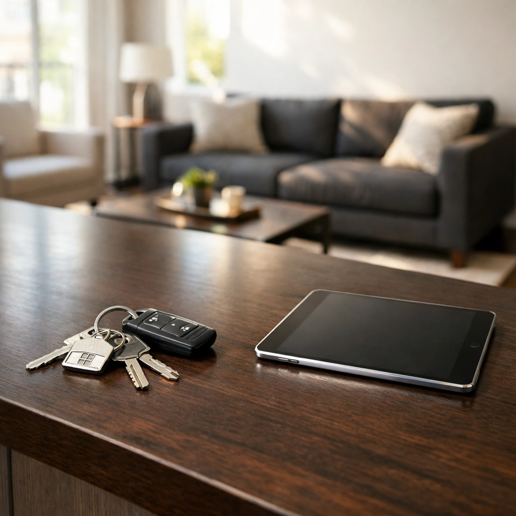 Successful property turnover showing rental keys in a brightly lit, perfectly staged apartment unit.