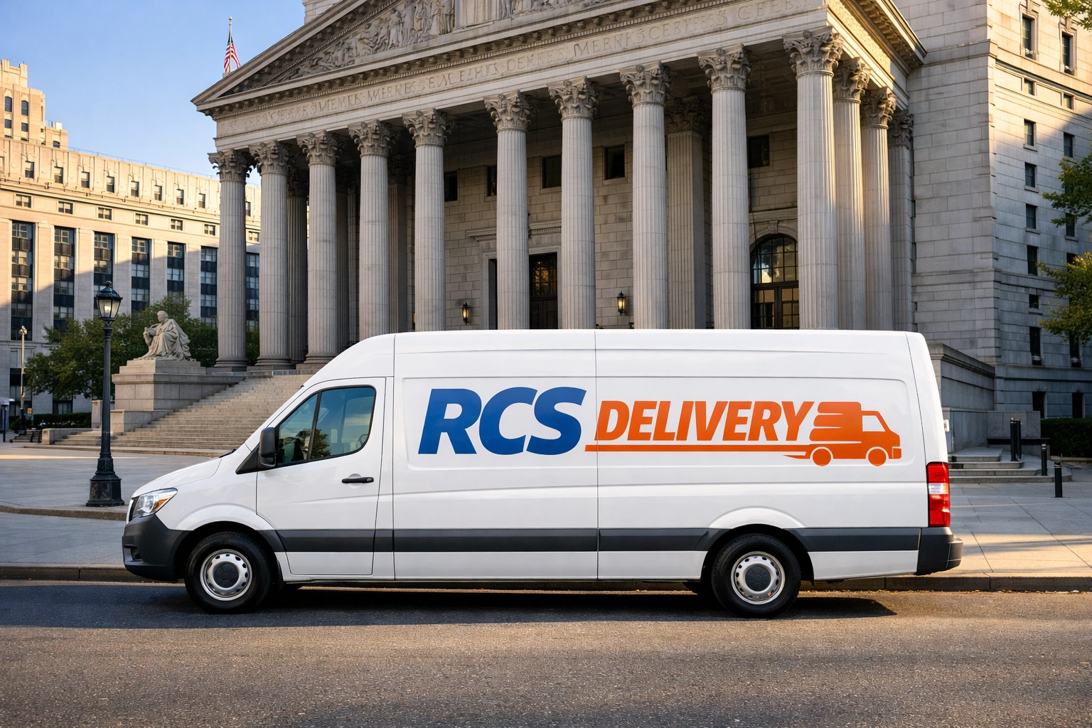 A branded RCS Delivery van parked outside a metropolitan courthouse for timely legal courier services.