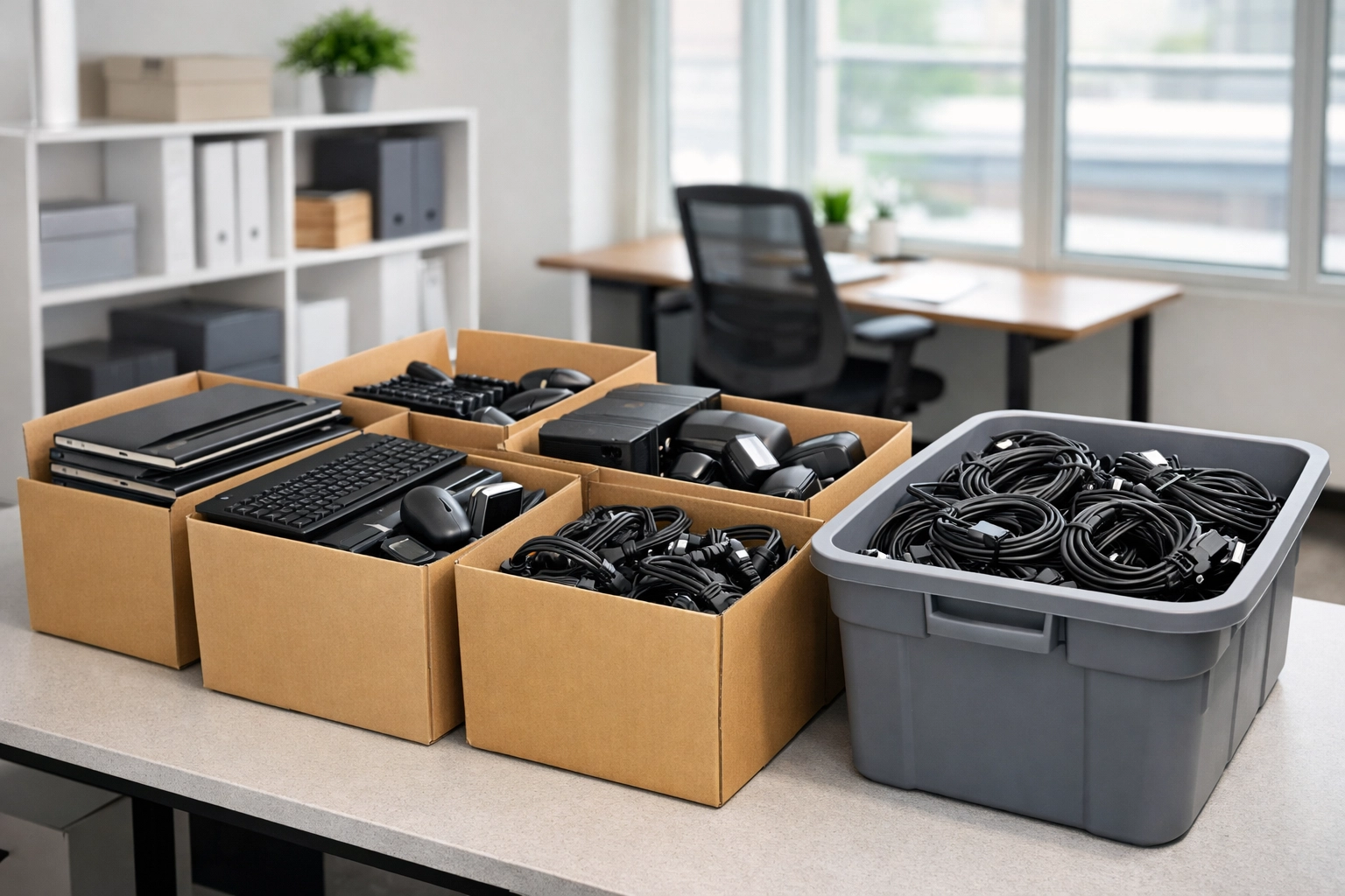 Neatly organized old laptops and IT gear in an office ready for secure equipment recycling and disposal.
