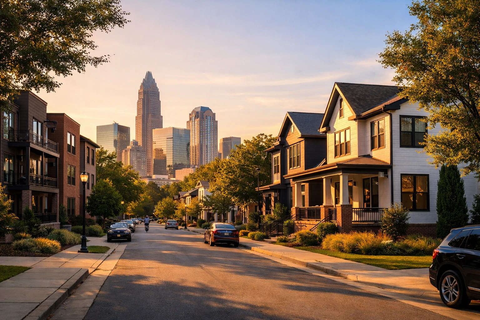 [NEIGHBORHOOD] Tree-lined Charlotte neighborhood street with modern townhomes near key commute routes (Neighborhood/Curb Appeal)