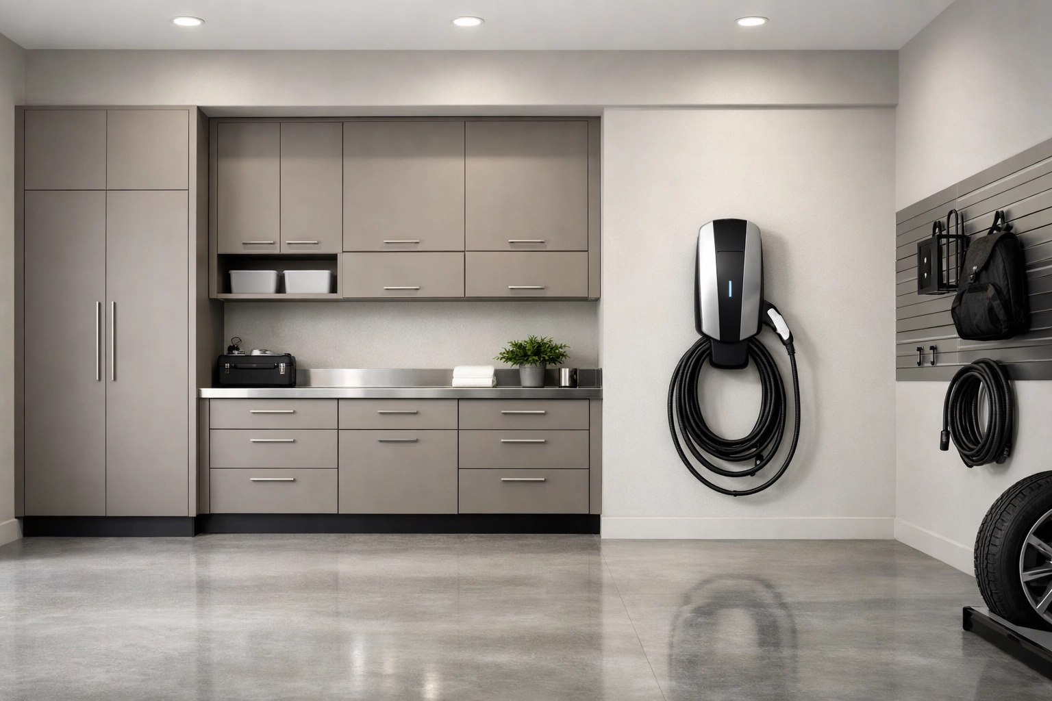 Modern custom home garage in Columbia SC featuring a sleek electric vehicle charging station and cabinetry.