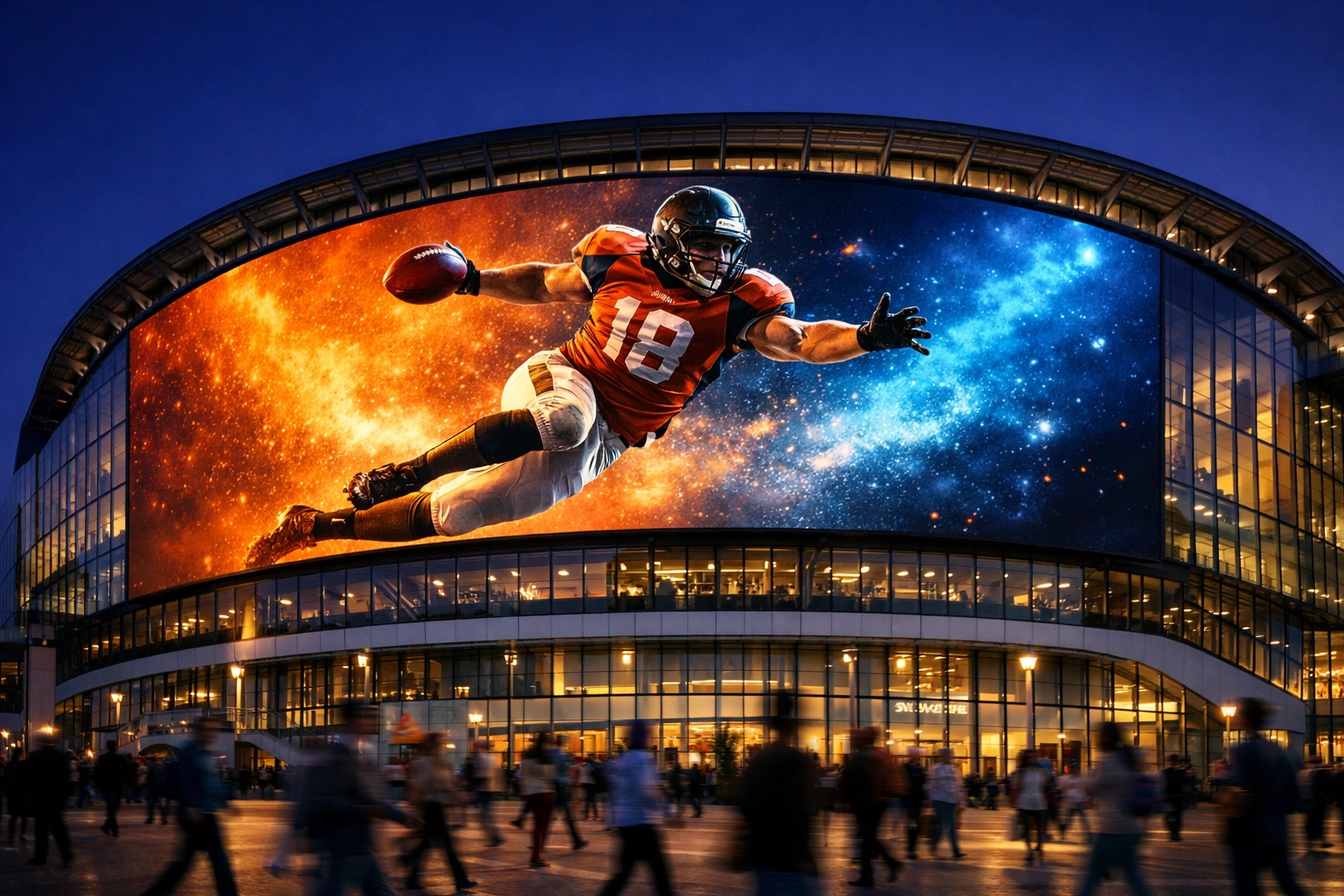 Digital stadium billboard displaying dynamic athlete visuals for real-time Super Bowl advertising.