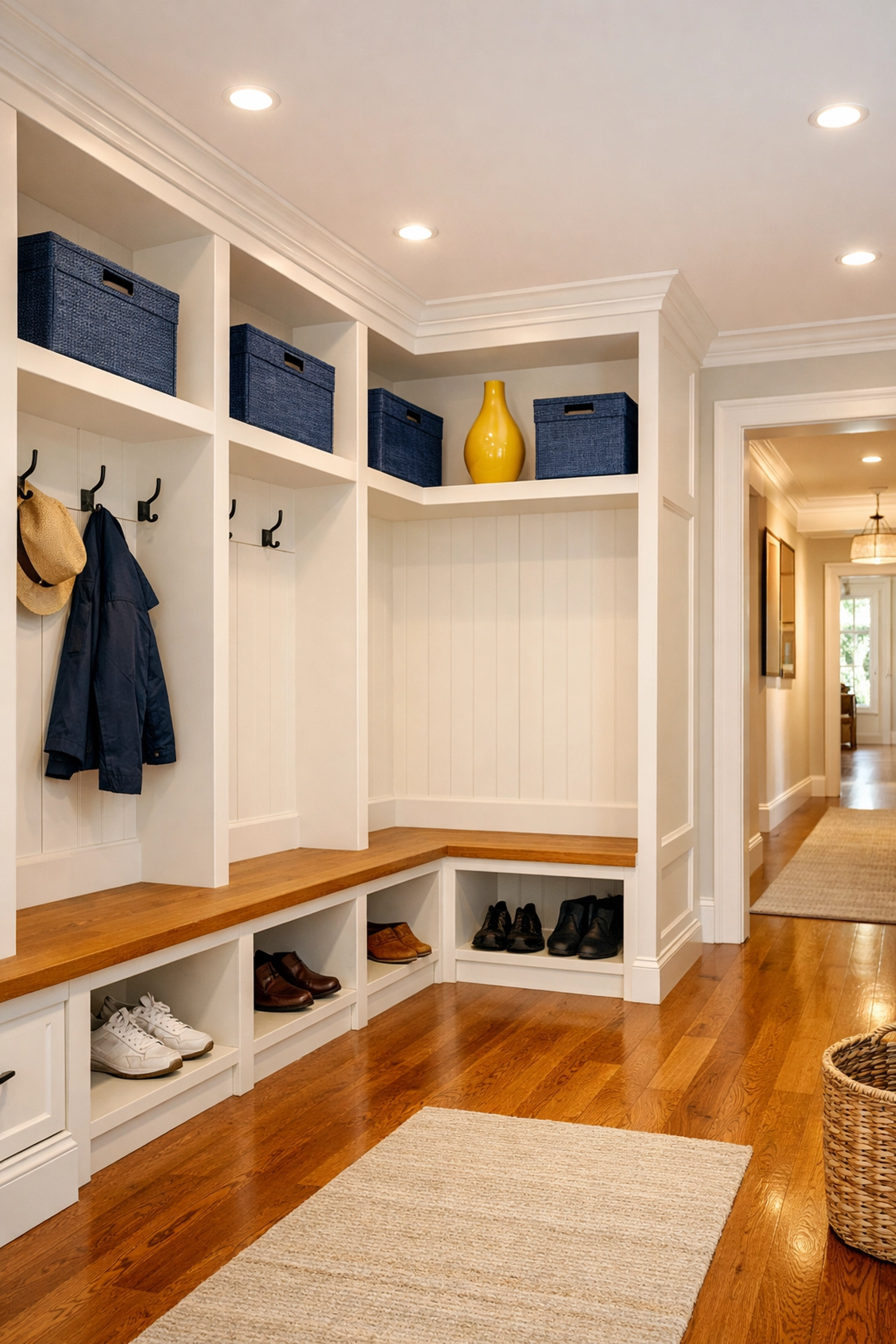 Immaculate mudroom in a Shrewsbury home showing organized storage and clean hardwood floors.