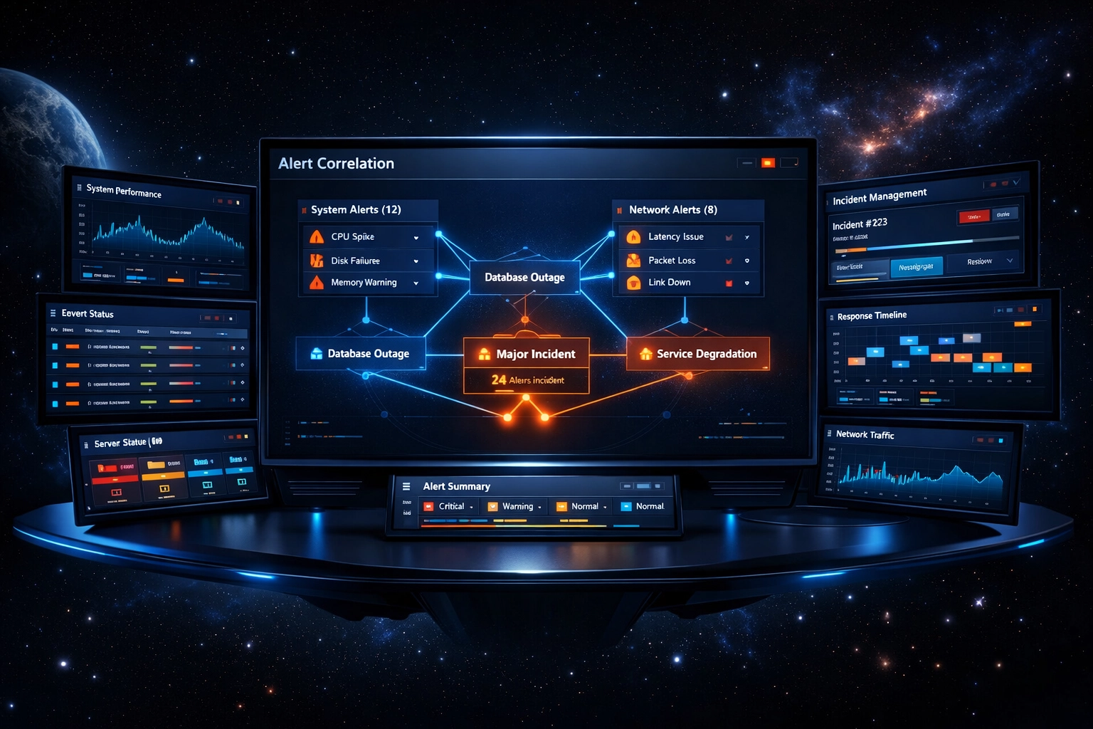 ServiceNow ITOM dashboard displaying intelligent alert grouping and incident correlation to reduce alert storms