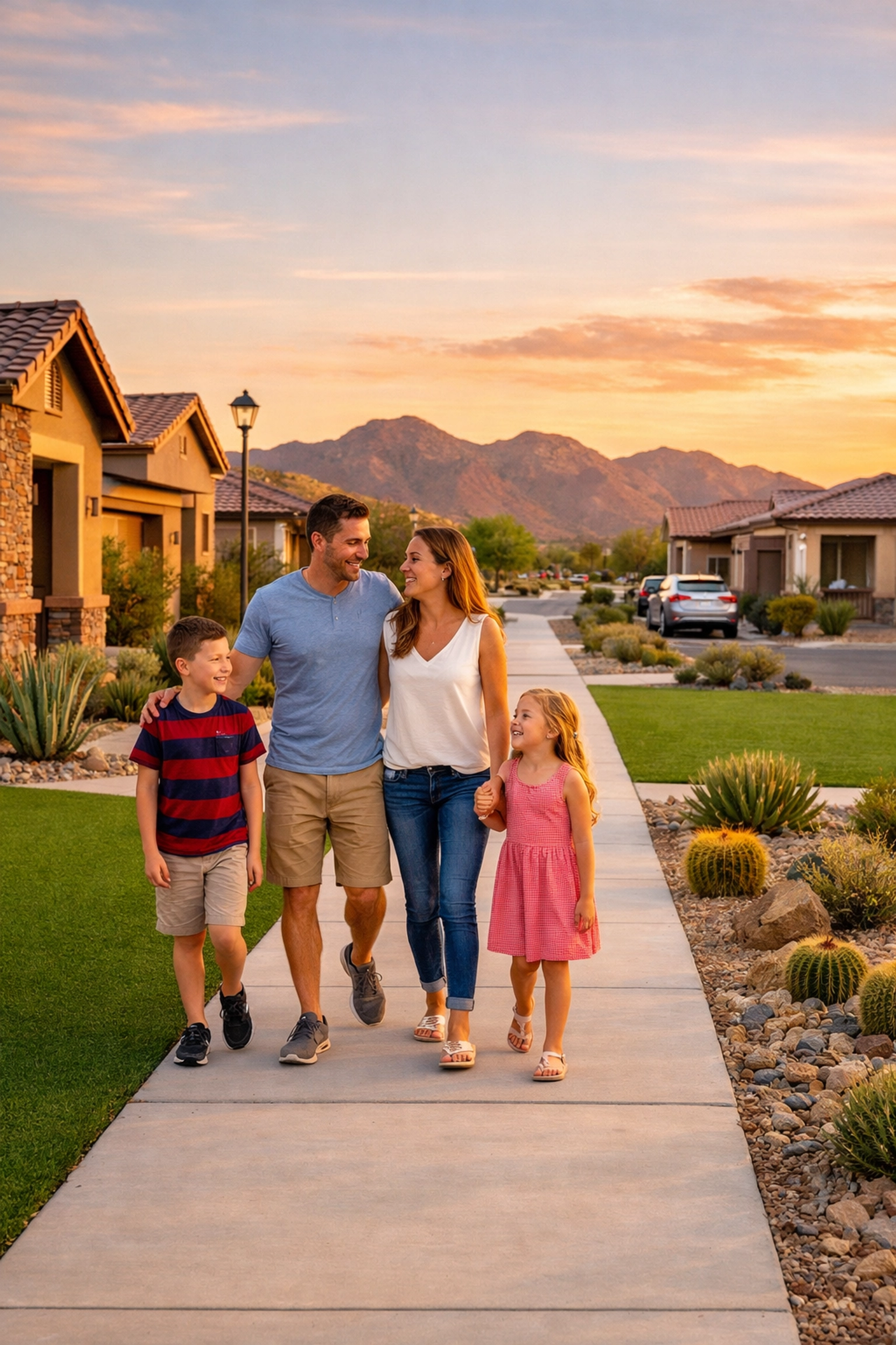 Family walking in Buckeye Arizona neighborhood with desert landscaping and mountain views