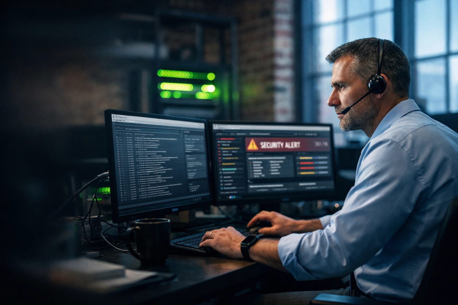 Omaha operations manager reviewing cybersecurity data logs on dual monitors for data breach prevention.