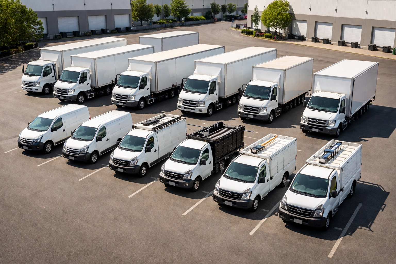 Aerial view of diverse commercial fleet in parking lot emphasizes fleet insurance for multiple business vehicle types.