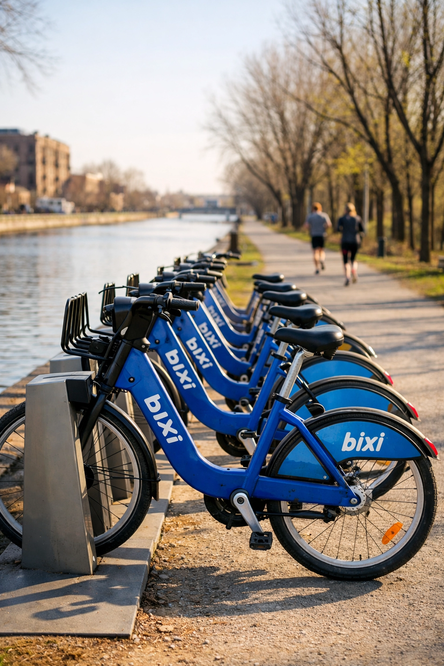 Blue BIXI bikes docked at a rental station along the Lachine Canal bike path in spring.