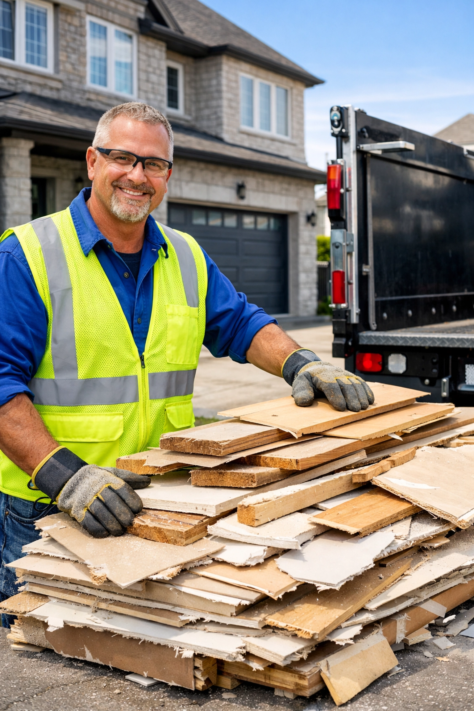 Construction Waste Hauling in Richmond Hill: Professional & Insured Roman removing renovation debris during a construction waste hauling service in a Richmond Hill residential driveway.