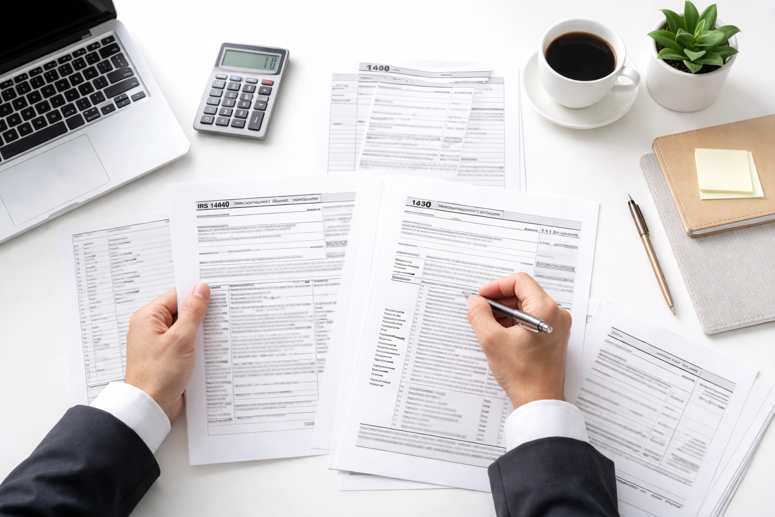 Business owner organizing tax documents on a clean desk, representing WOTC application and recordkeeping