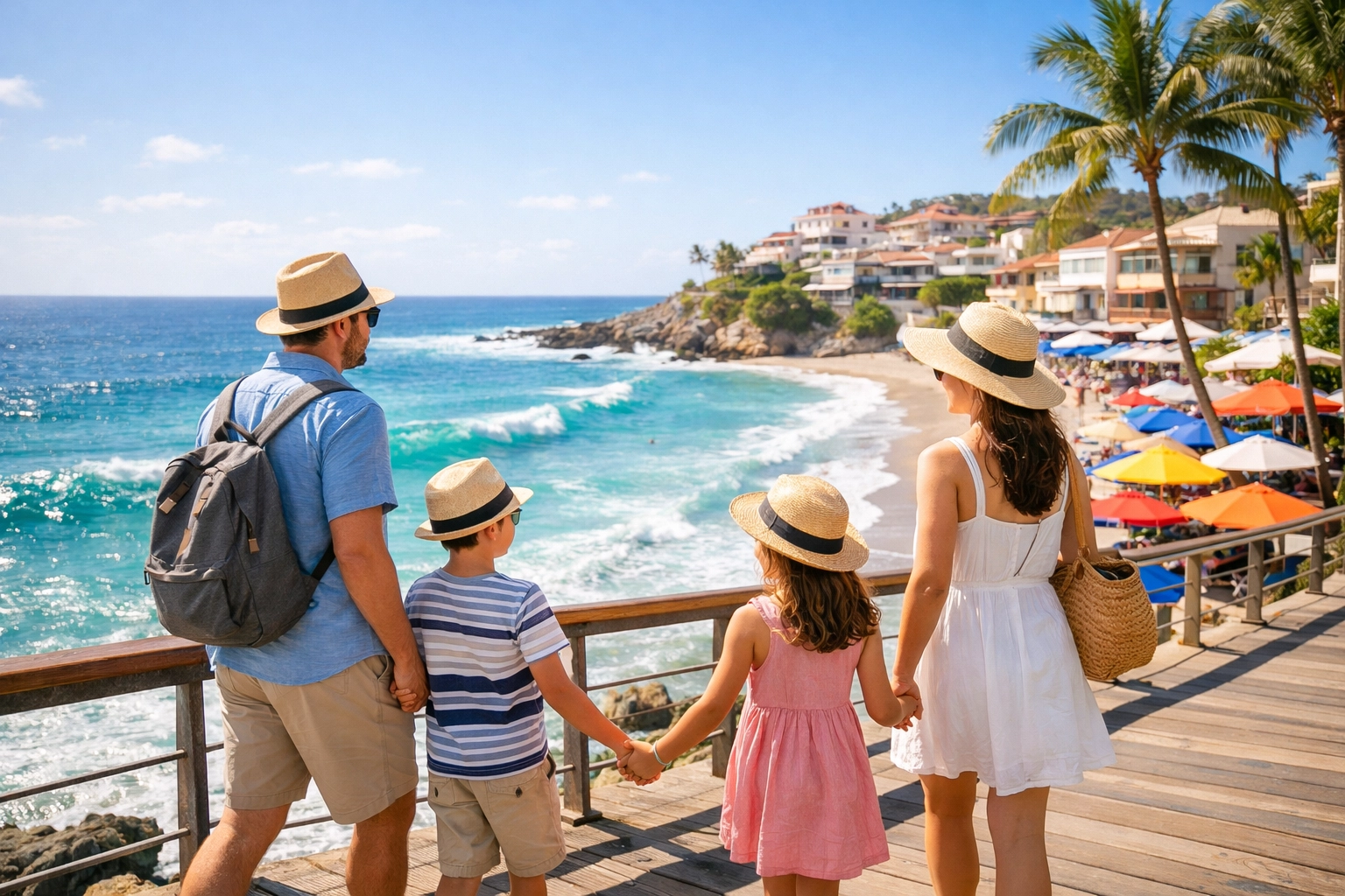 Happy family exploring a sunny beach town, one of the best photography locations for families.