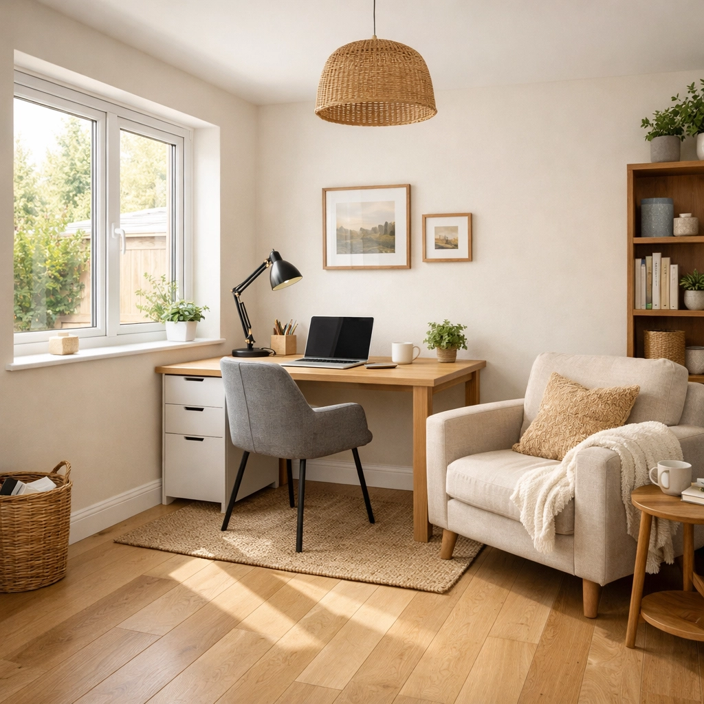 Modern home office in a converted garage featuring high-quality insulation, oak flooring, and natural light.