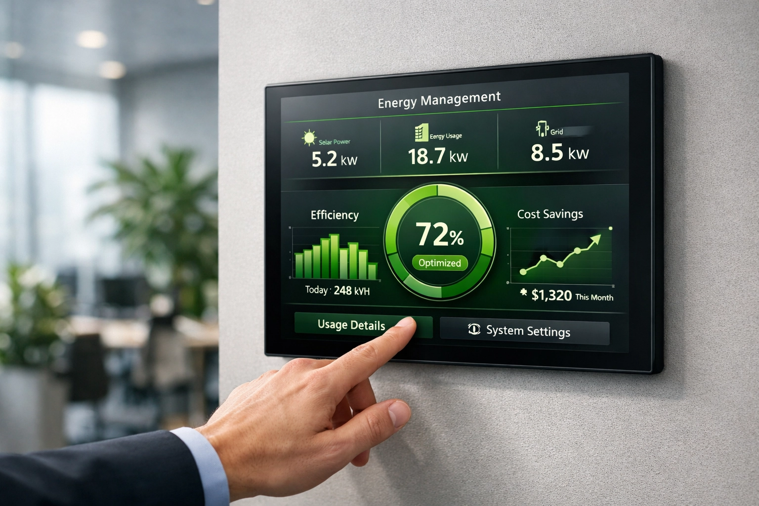 Modern business energy management system displaying solar power performance and ROI data.